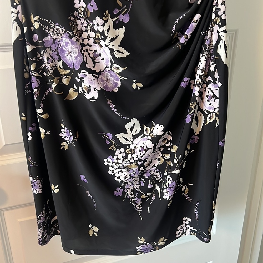 Lauren black dark floral cinched dress SZ 14 black wrap style ruffle career - Picture 3 of 14